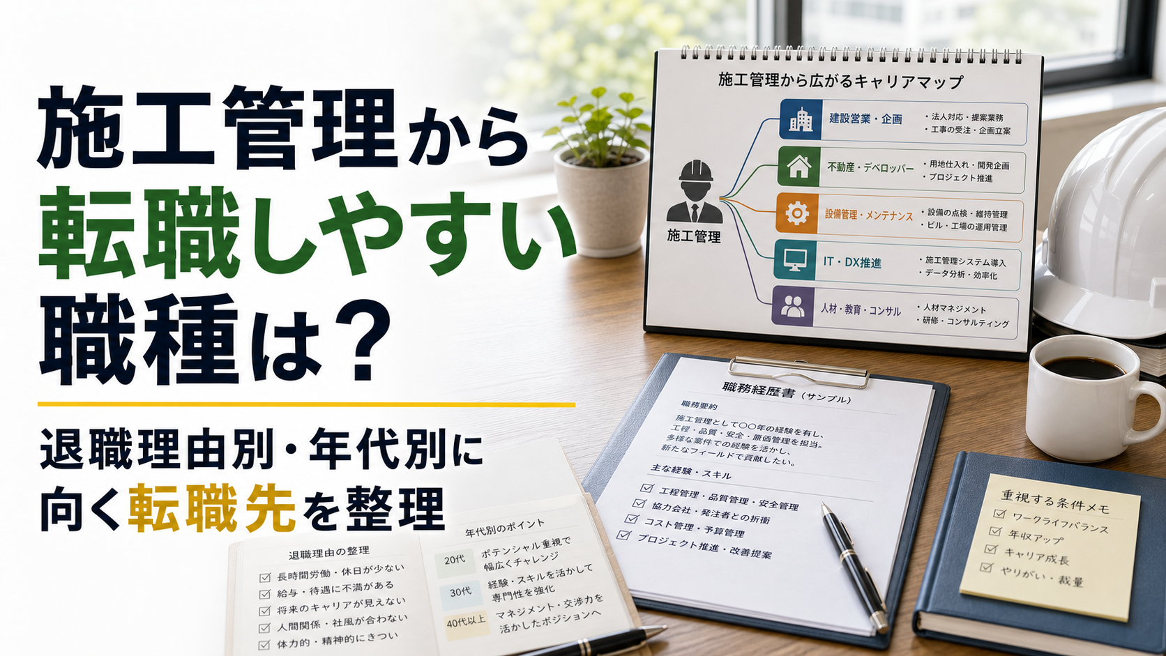 施工管理から転職しやすい職種は?退職理由別・年代別に向く転職先を整理の内容を表した施工管理向けアイキャッチ画像