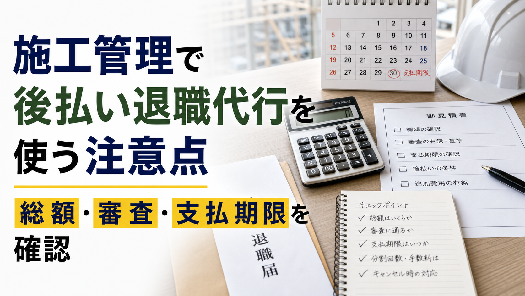 施工管理で後払い退職代行を使う注意点｜総額・審査・支払期限を確認の内容を表した施工管理向けアイキャッチ画像