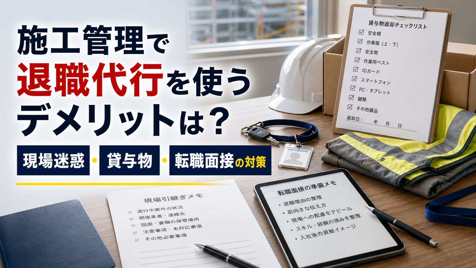 施工管理で退職代行を使うデメリットは?現場迷惑・貸与物・転職面接の対策の内容を表した施工管理向けアイキャッチ画像
