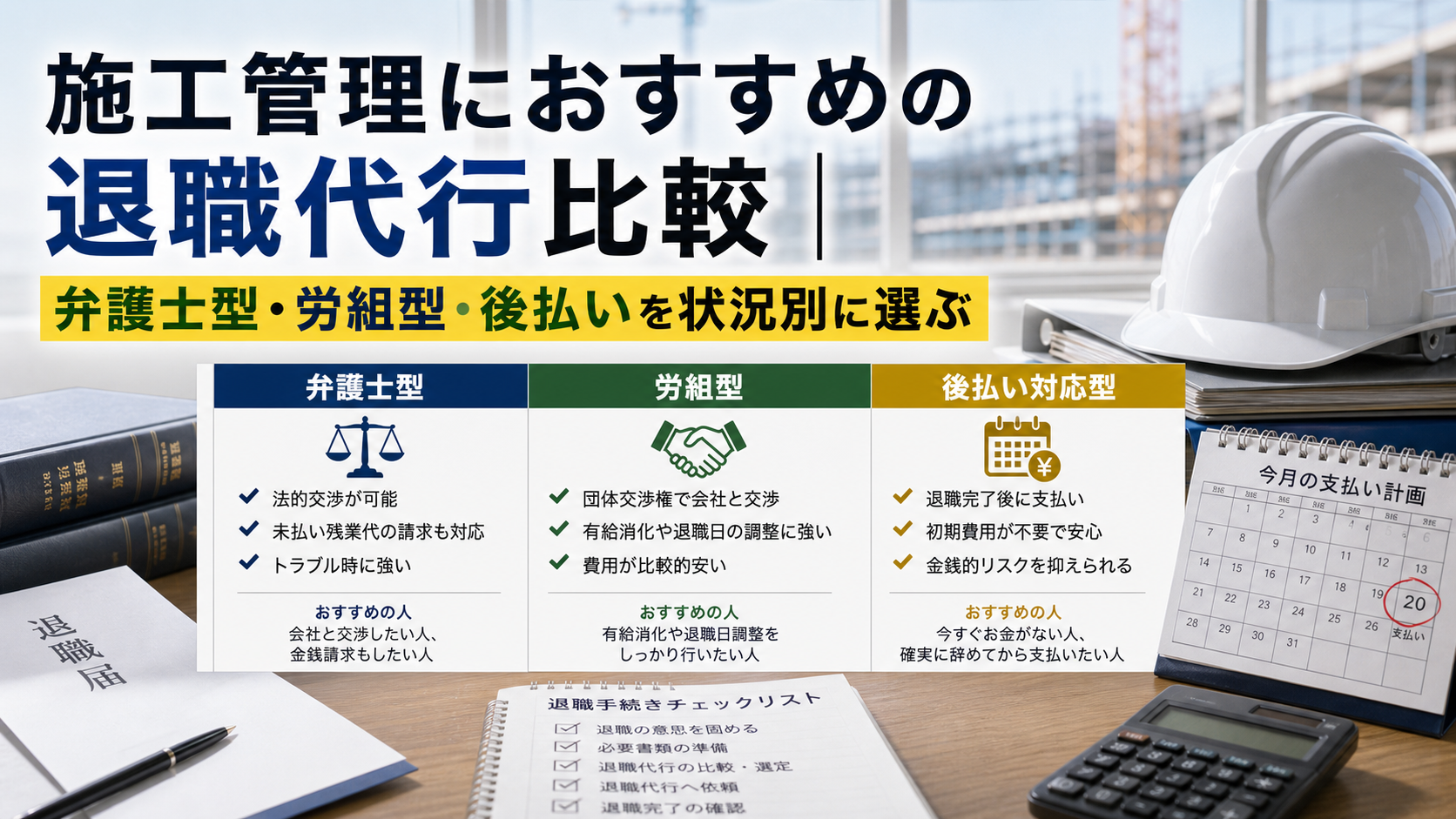 施工管理におすすめの退職代行比較｜弁護士型・労組型・後払いを状況別に選ぶの内容を表した施工管理向けアイキャッチ画像