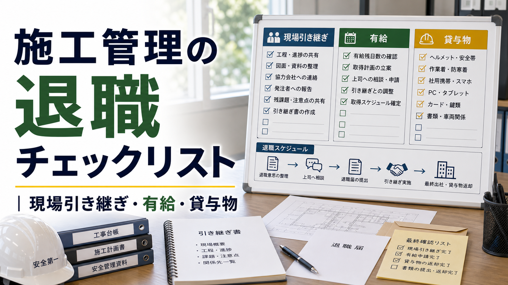 施工管理の退職チェックリスト|現場引き継ぎ・有給・貸与物の内容を表した施工管理向けアイキャッチ画像