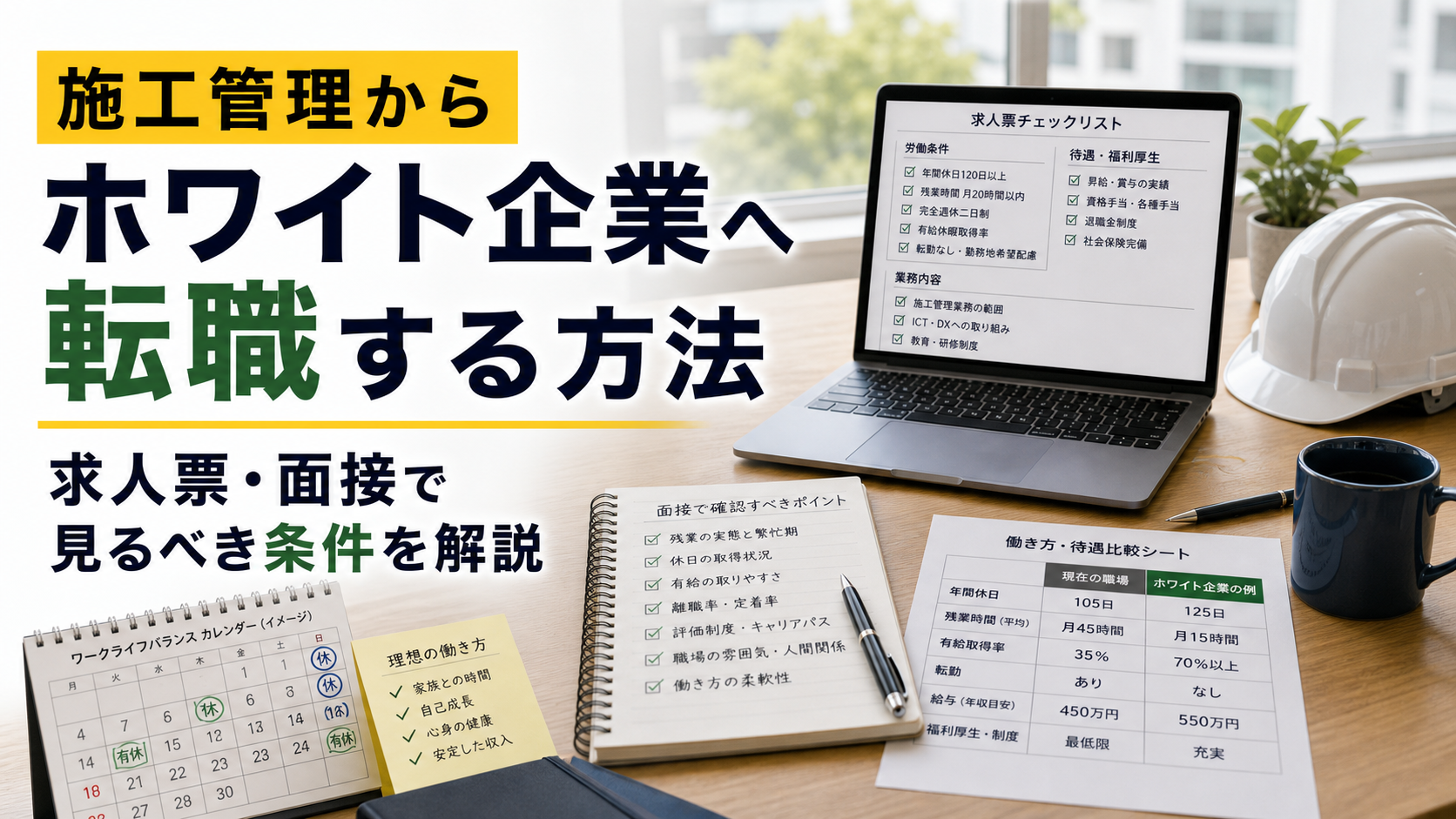 施工管理からホワイト企業へ転職する方法|求人票・面接で見るべき条件を解説の内容を表した施工管理向けアイキャッチ画像