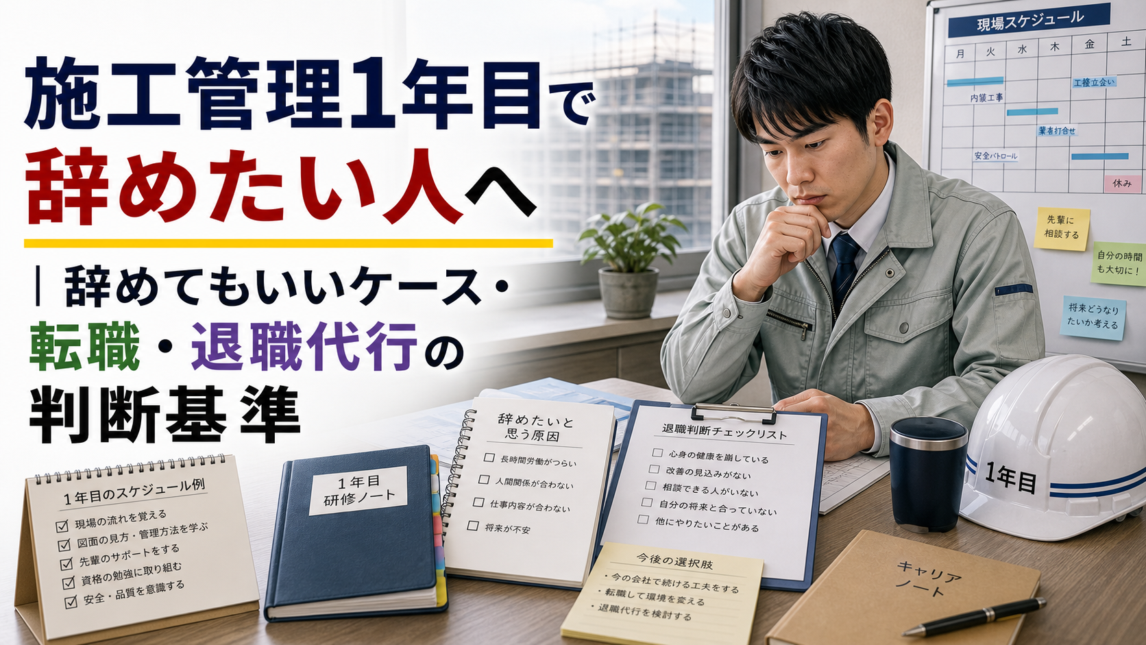 施工管理1年目で辞めたい人へ|辞めてもいいケース・転職・退職代行の判断基準の内容を表した施工管理向けアイキャッチ画像