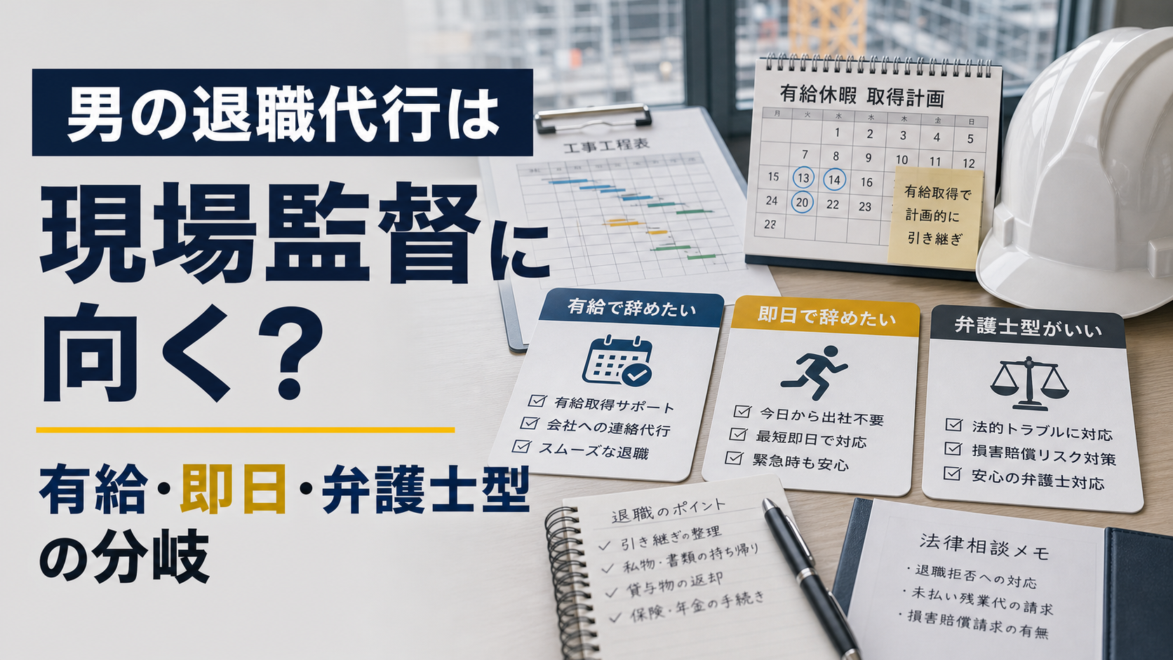 男の退職代行は現場監督に向く?有給・即日・弁護士型の分岐の内容を表した施工管理向けアイキャッチ画像