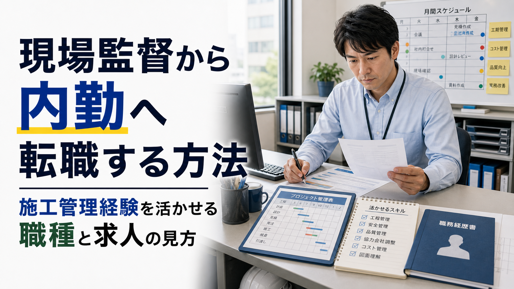 現場監督から内勤へ転職する方法|施工管理経験を活かせる職種と求人の見方の内容を表した施工管理向けアイキャッチ画像